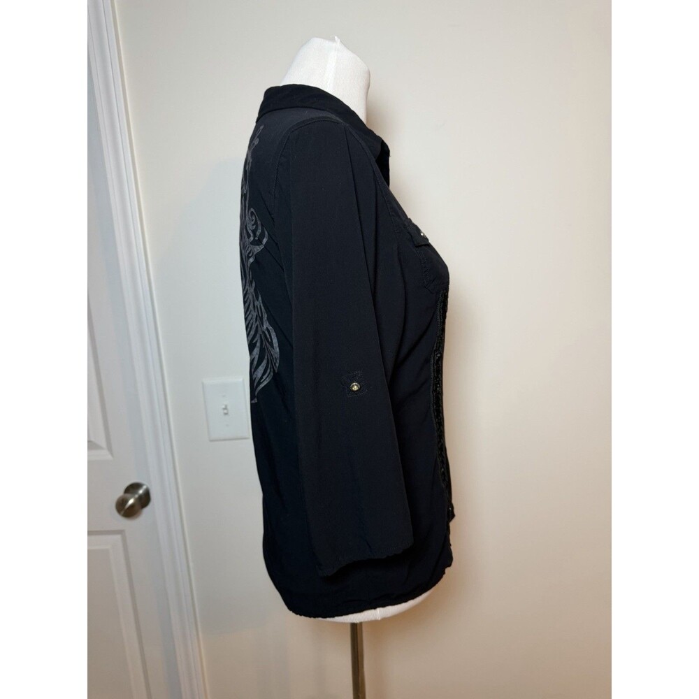 Harley Davidson Women’s M Button Up Shirt 3/4 Sleeves Ribbon Detail Angel Wings - Picture 4 of 15